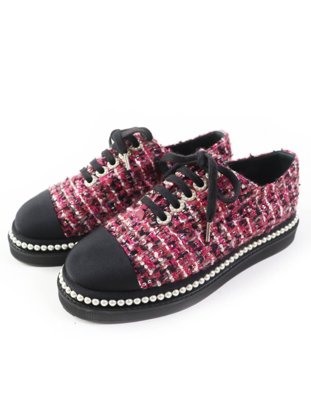 Chanel Tweed Low Cut Sneakers with Sequins and Pearl Pink Black